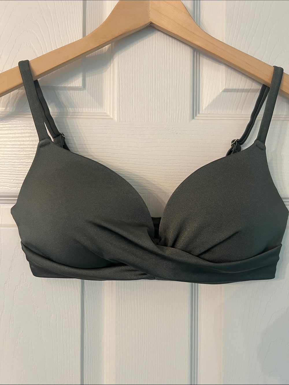 H&M Twist-Front Bikini Top in Soft Sage Green with Gold Accents